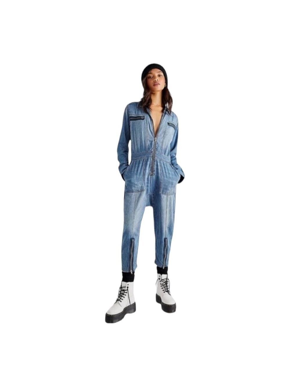 Free People x Sandrine Rose Women  Indigo Striped  Denim Jumpsuit Long